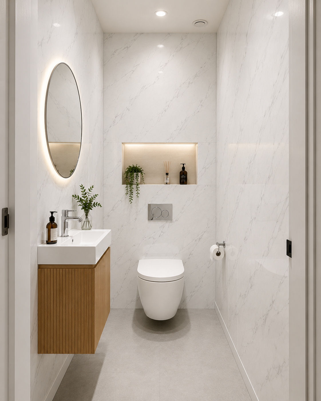 10mm Carrara marble matt PVC wall panel in a bathroom toilet area