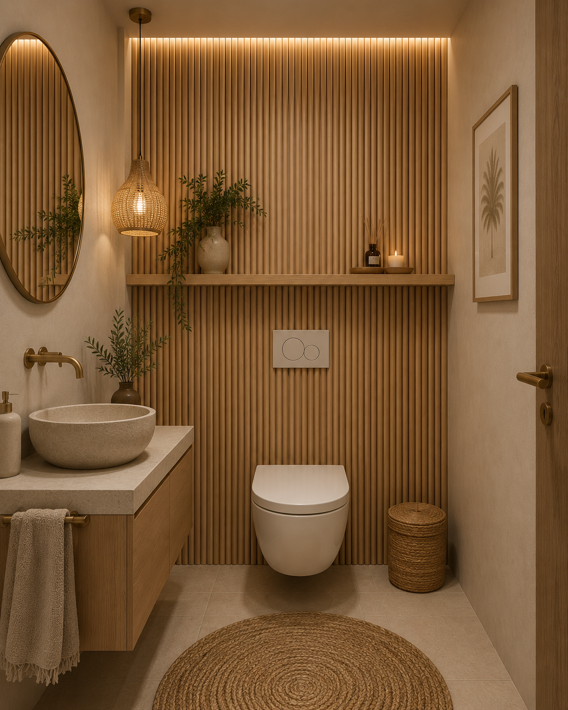 Half Round Natural Oak acoustic wall panel in a bathroom