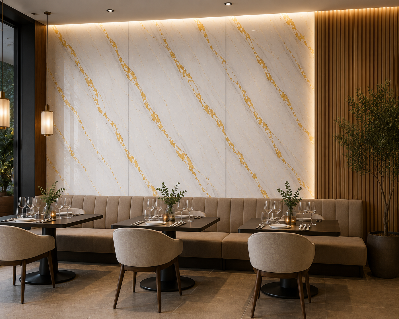 10mm Gold Marble PVC wall panel in a restaurant interior