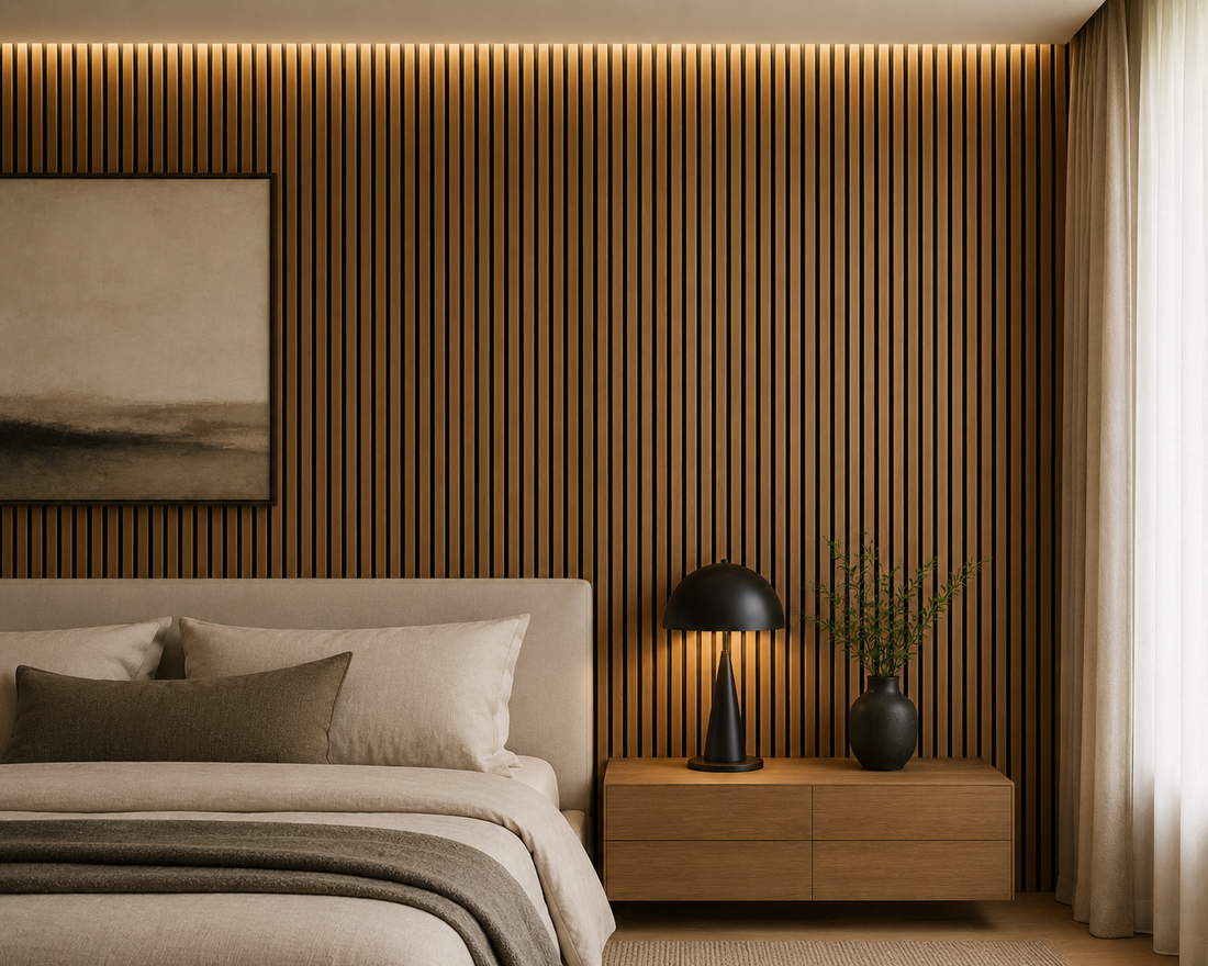 Natural Oak acoustic wall panels in a UK loft conversion bedroom