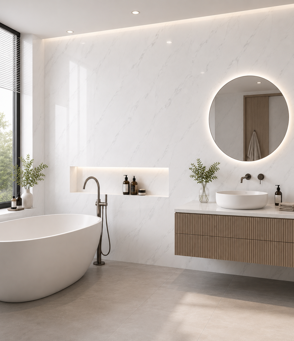 Waterproof white marble gloss PVC shower panels in a bright spring bathroom upgrade — PanelDeals UK