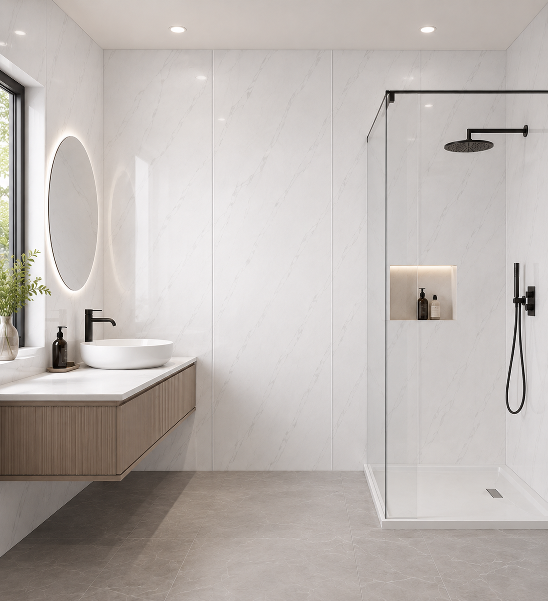 White marble gloss PVC shower panels in a hotel-style bathroom - PanelDeals UK