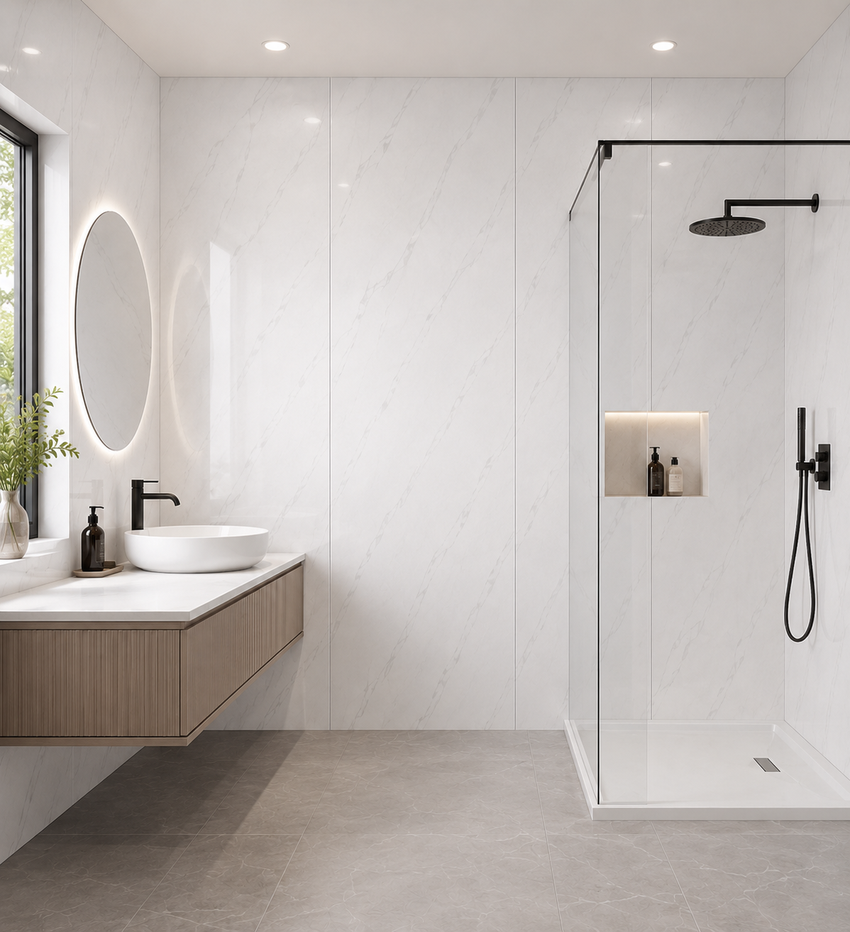 White marble gloss PVC shower panels in a hotel-style bathroom - PanelDeals UK