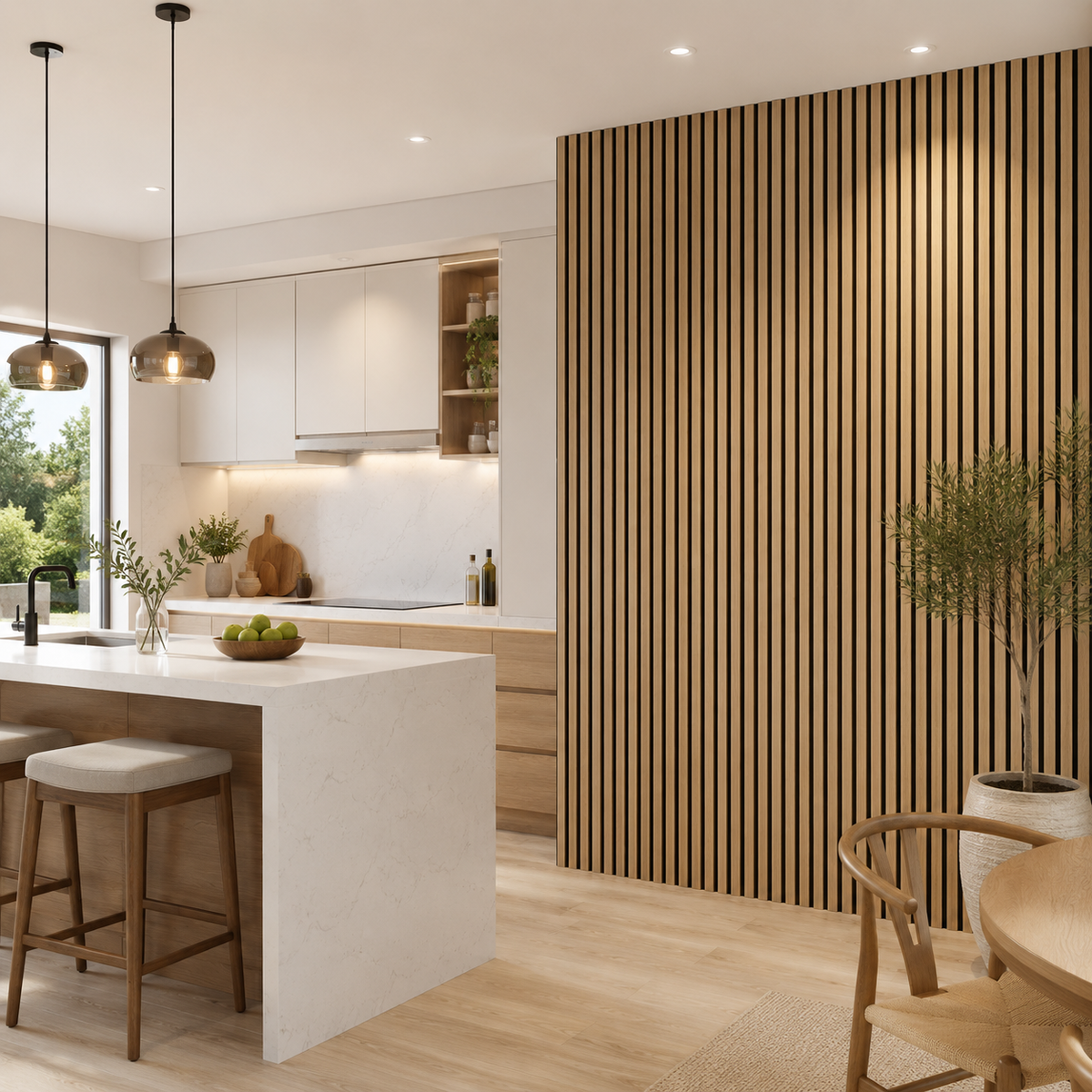 Natural Oak acoustic panelling behind a bed