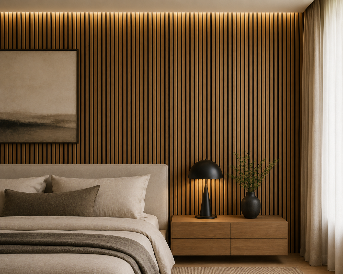 Natural Oak acoustic wall panel in a bedroom