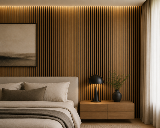 Natural Oak acoustic wall panel in a bedroom
