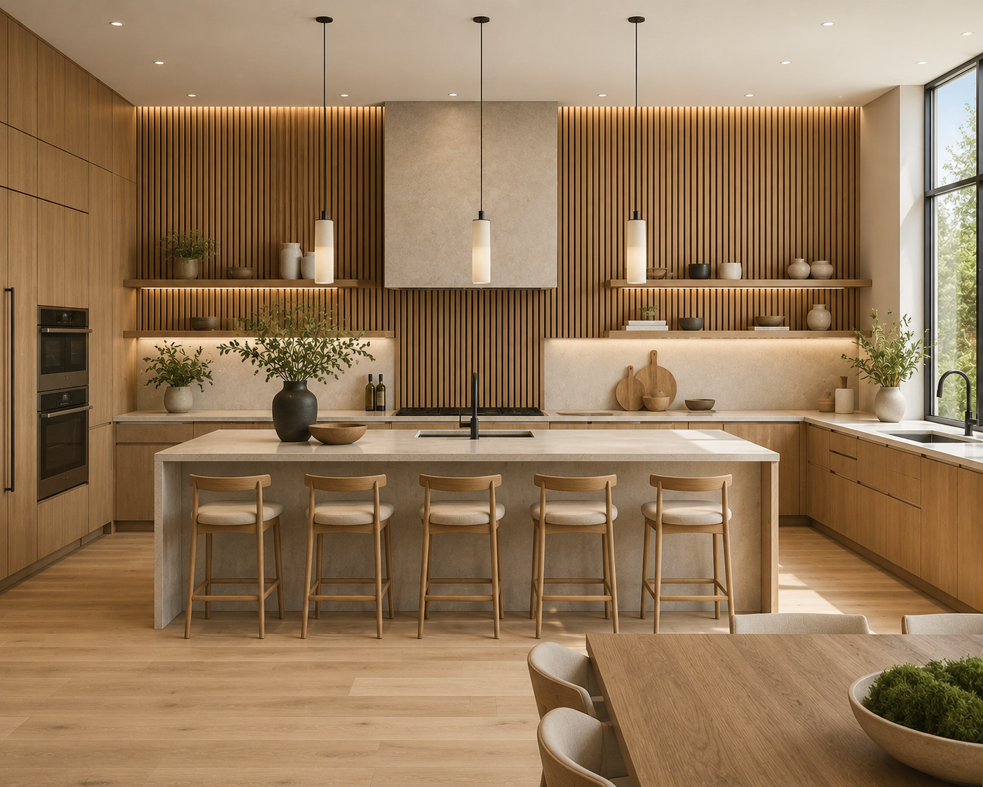 Natural Oak acoustic wall panel installed in a kitchen