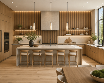 Natural Oak acoustic wall panel installed in a kitchen