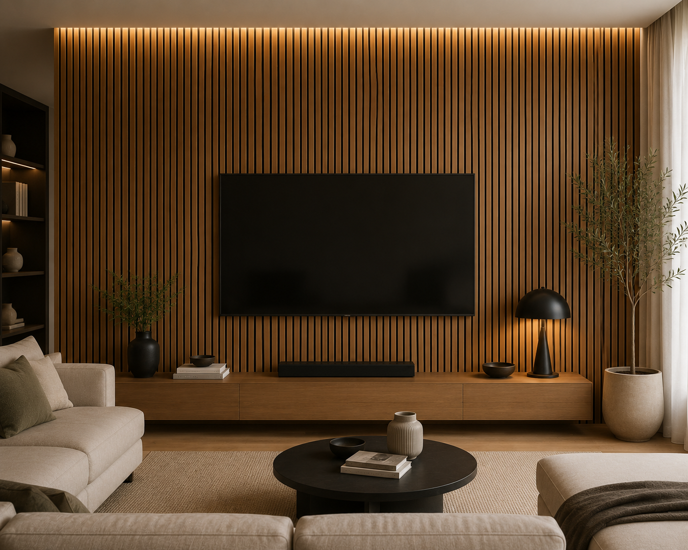 Natural Oak acoustic wall panel on a living room feature wall