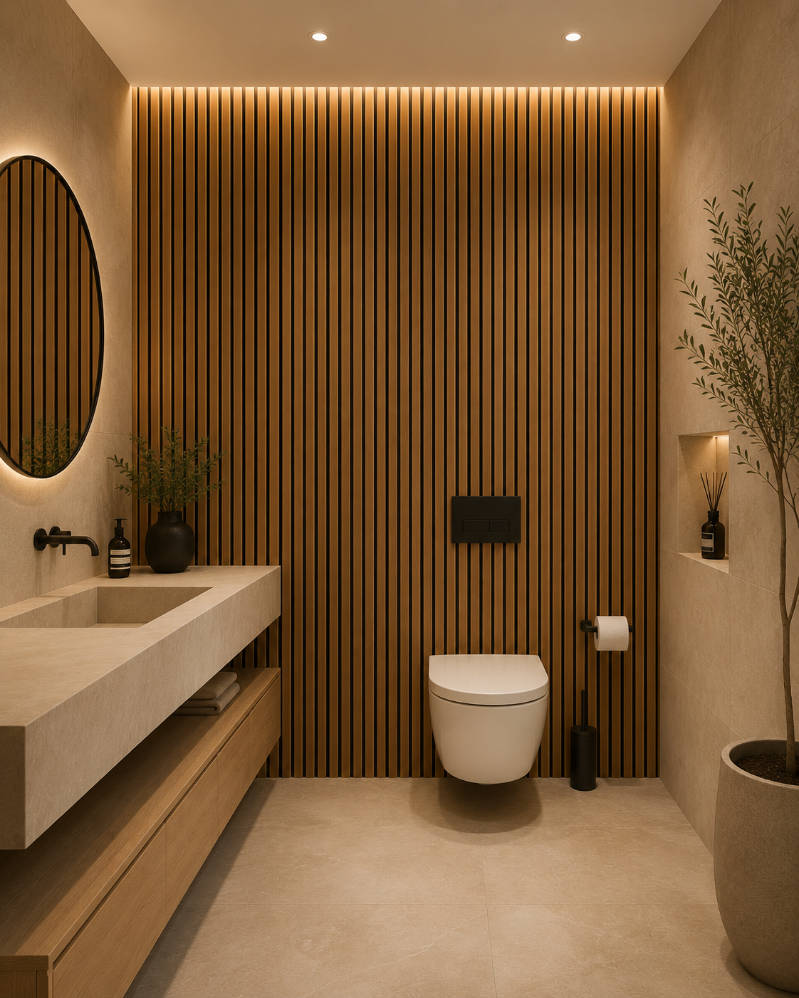 Natural Oak acoustic wall panel in a bathroom