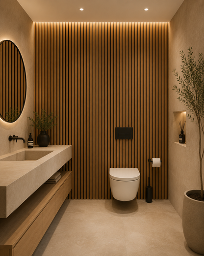Natural Oak acoustic wall panel in a bathroom