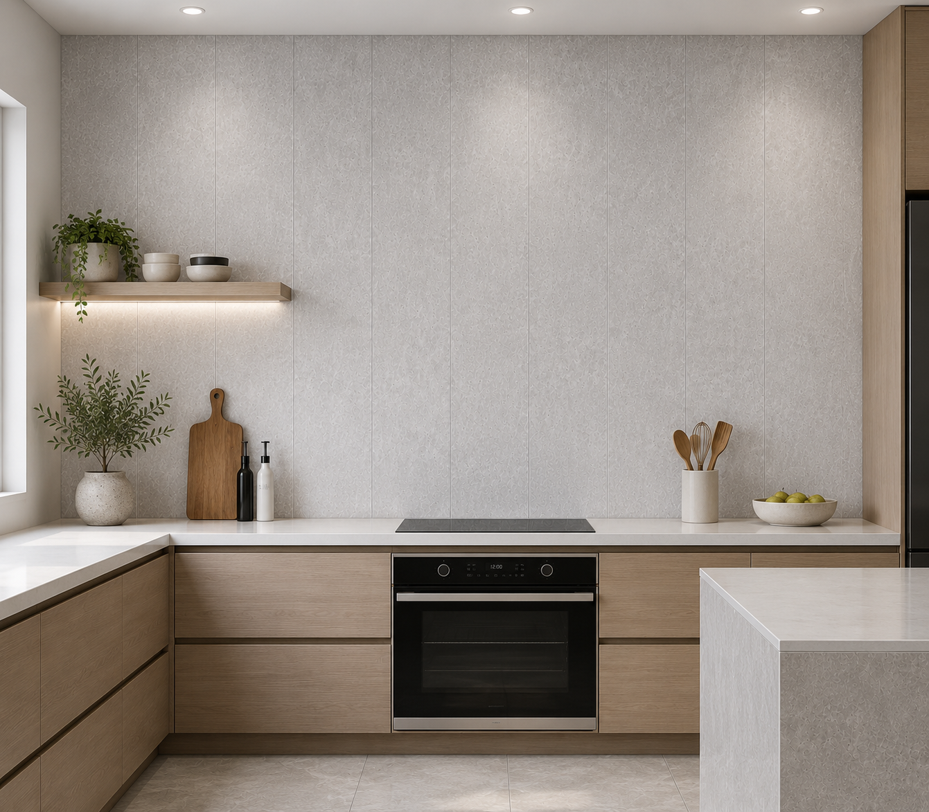 Stone grey tile effect PVC wall panel 8mm in a kitchen