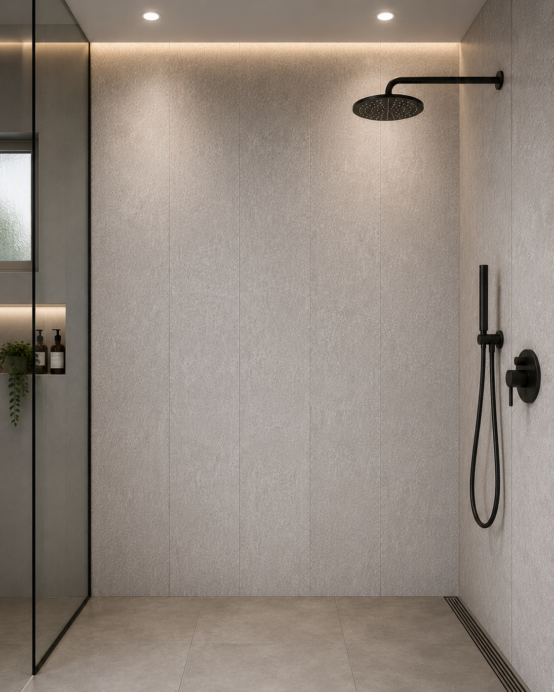 Stone grey tile effect PVC wall panel 8mm in a shower