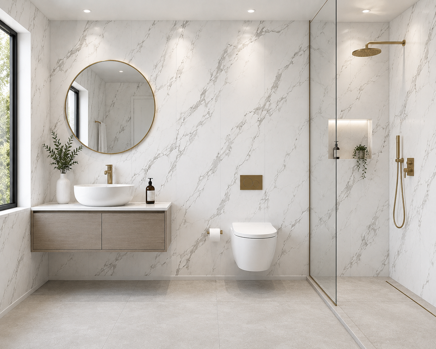 5mm Carrara White Marble Matt PVC wall panel in a bathroom