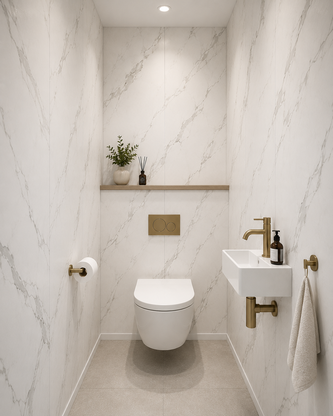 5mm Carrara White Marble Matt PVC wall panel in a bathroom toilet area