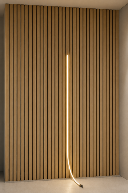 Acoustic Wall Panel LED Light providing warm white lighting along a TV media wall with acoustic slat panels.