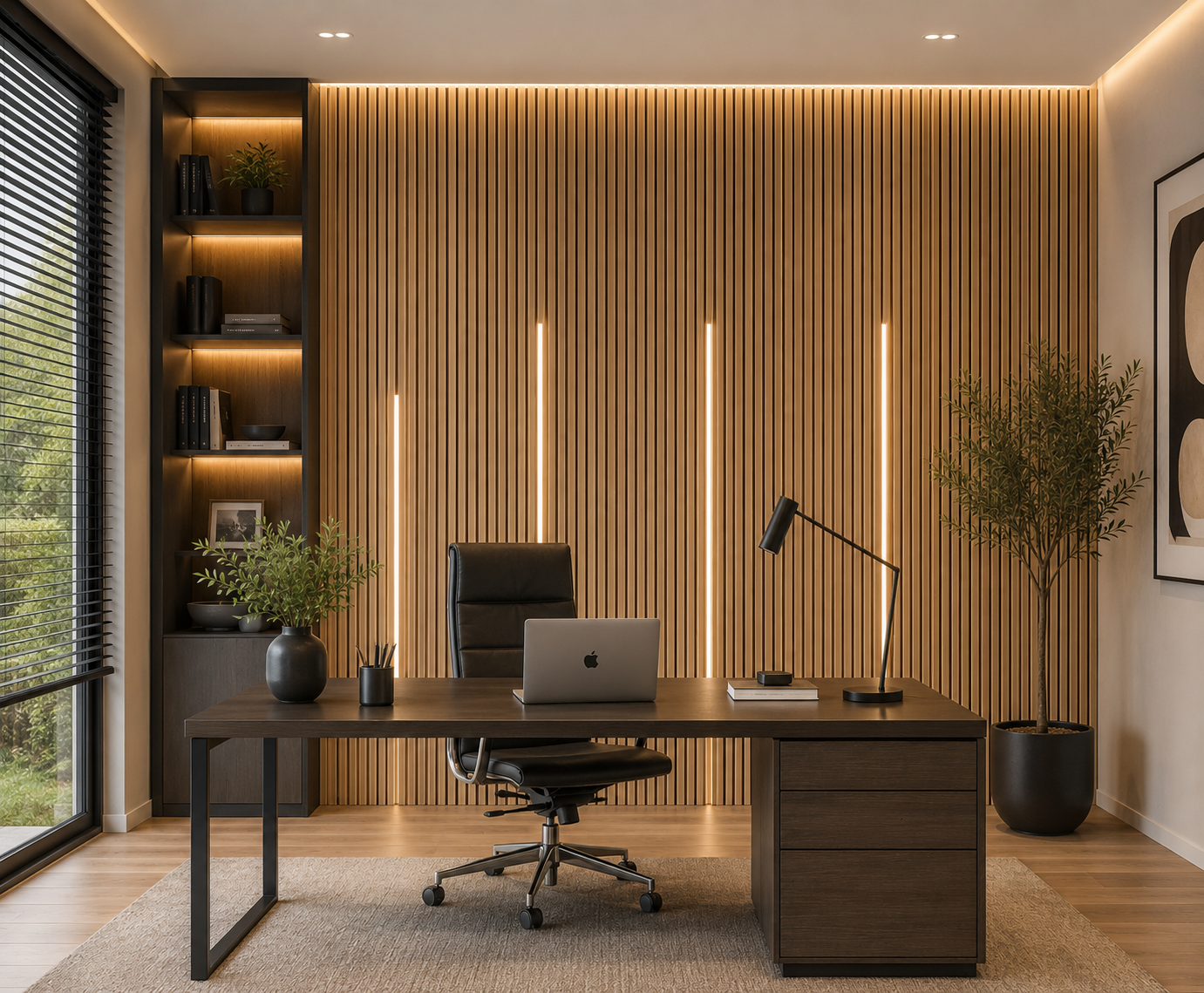 Close-up of the Acoustic Wall Panel LED Light fitted neatly within the grooves of wooden acoustic slat panels.
