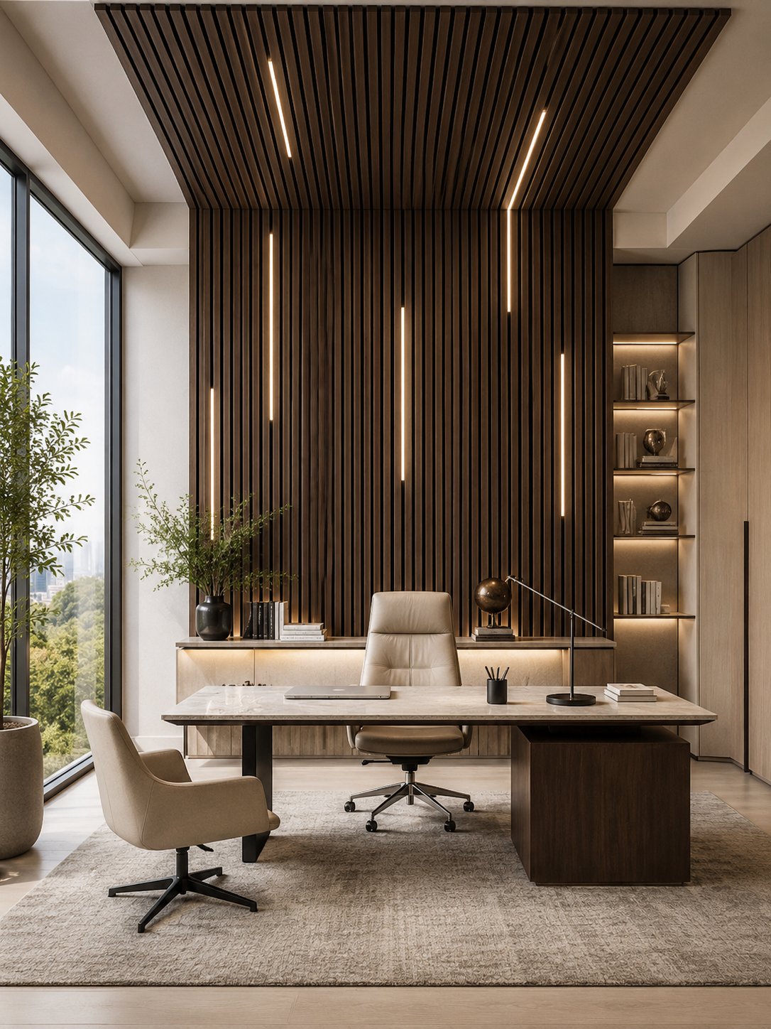 Full feature wall view showing the Acoustic Wall Panel LED Light enhancing the texture and depth of acoustic slat panels.
