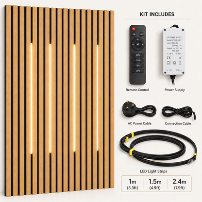Acoustic Wall Panel LED Light illuminating a modern feature wall in a living room interior setting.