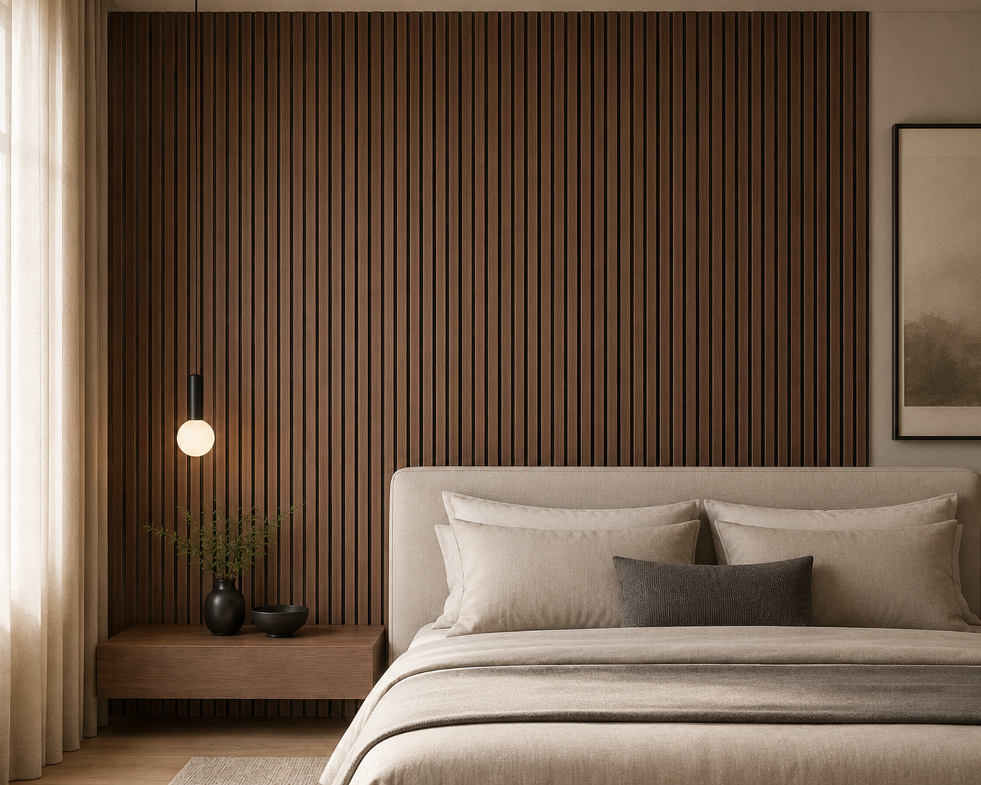 Walnut acoustic wall panel in a bedroom