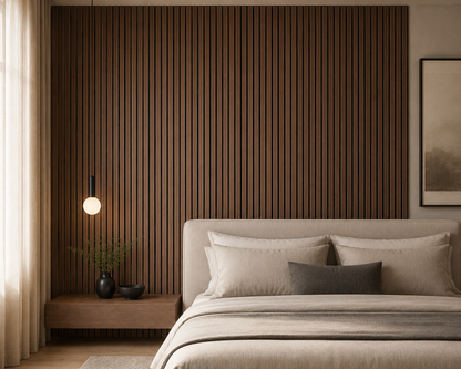 Walnut acoustic wall panel in a bedroom