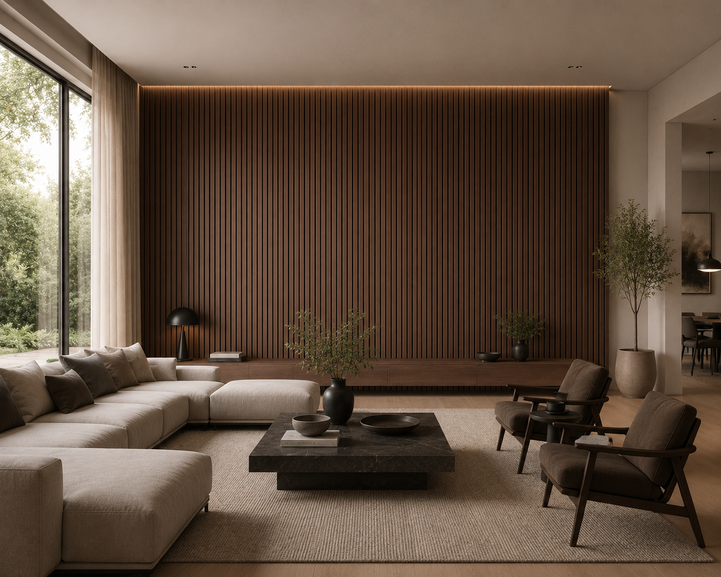 Walnut acoustic wall panel on a living room feature wall