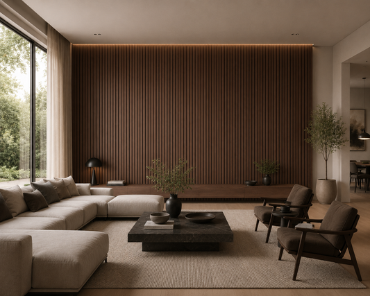 Walnut acoustic wall panel on a living room feature wall