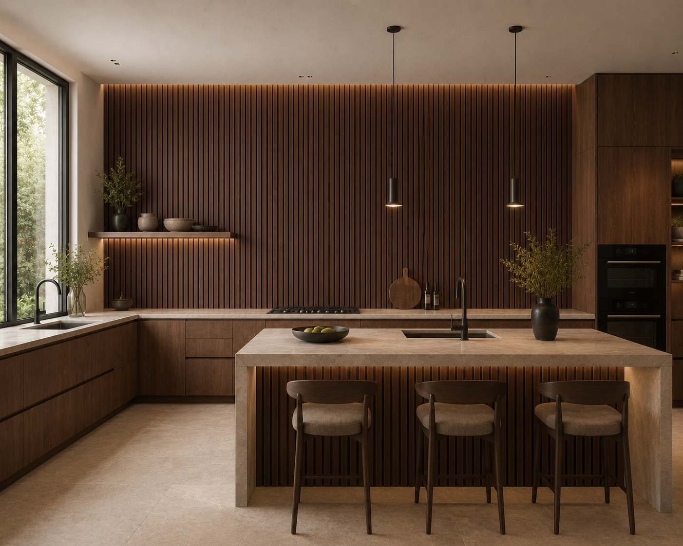 Walnut acoustic wall panel in an open-plan living and kitchen space
