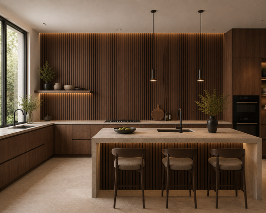 Walnut acoustic wall panel in an open-plan living and kitchen space