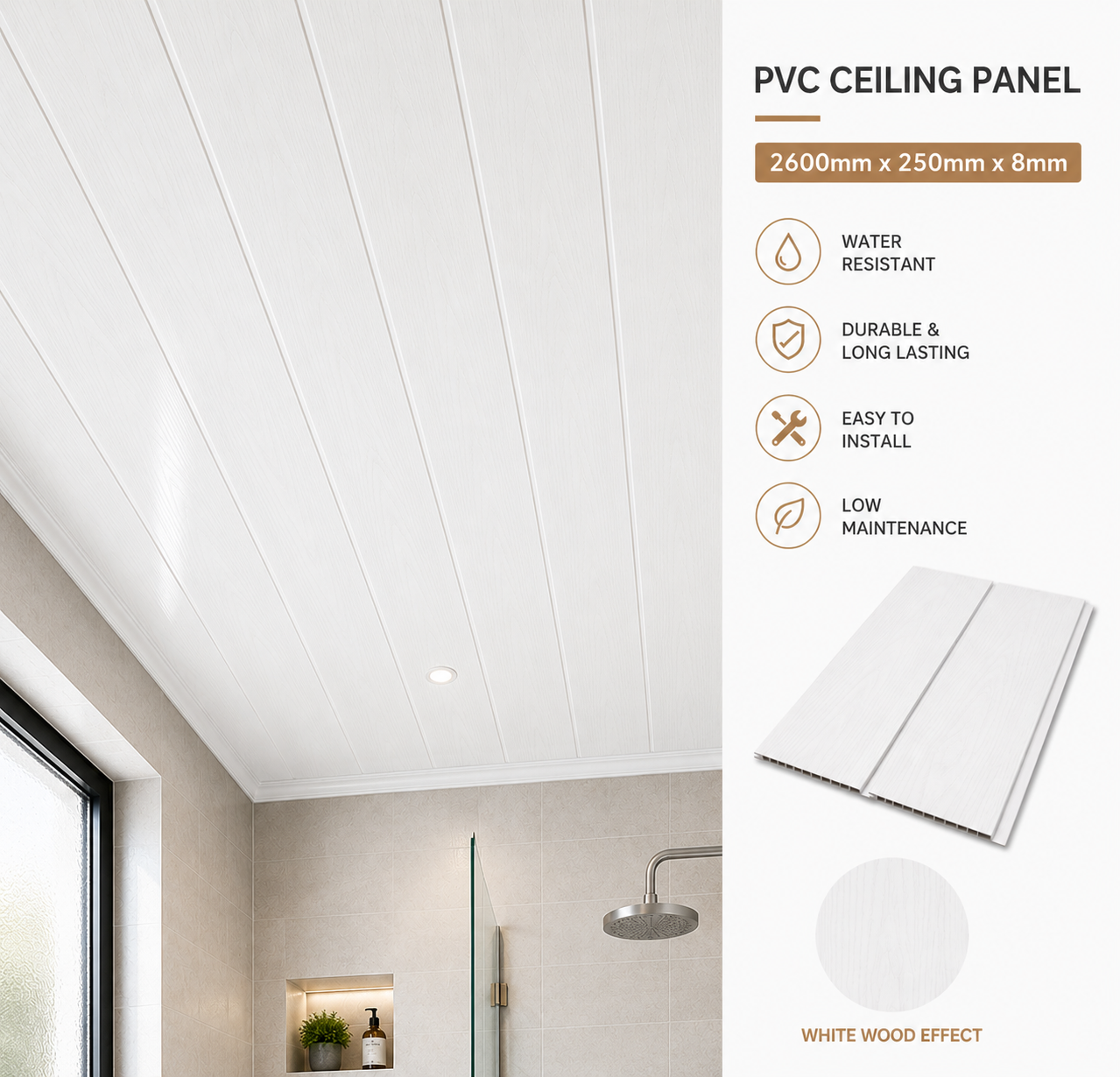 White ash wood effect PVC ceiling panel 8mm - main product image
