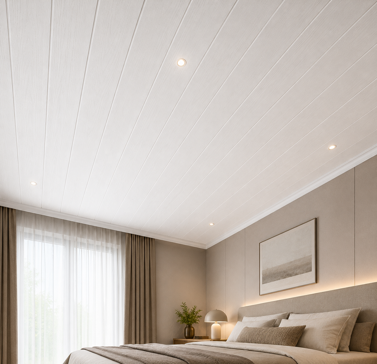 White wood effect PVC ceiling panel in a bedroom