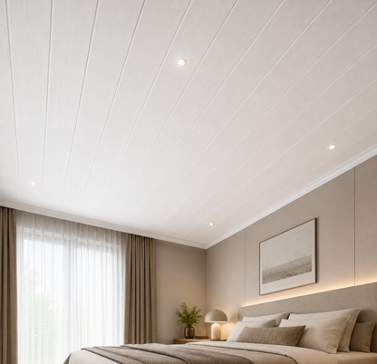 White wood effect PVC ceiling panel in a bedroom