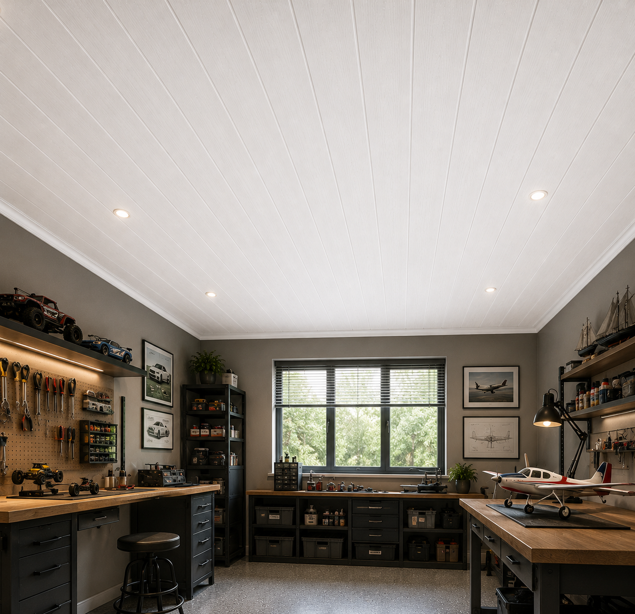 White wood effect PVC ceiling panel in a hobby room