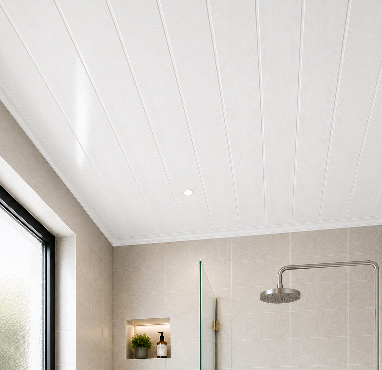 White wood effect PVC ceiling panel in a shower
