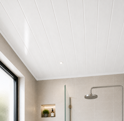 White wood effect PVC ceiling panel in a shower