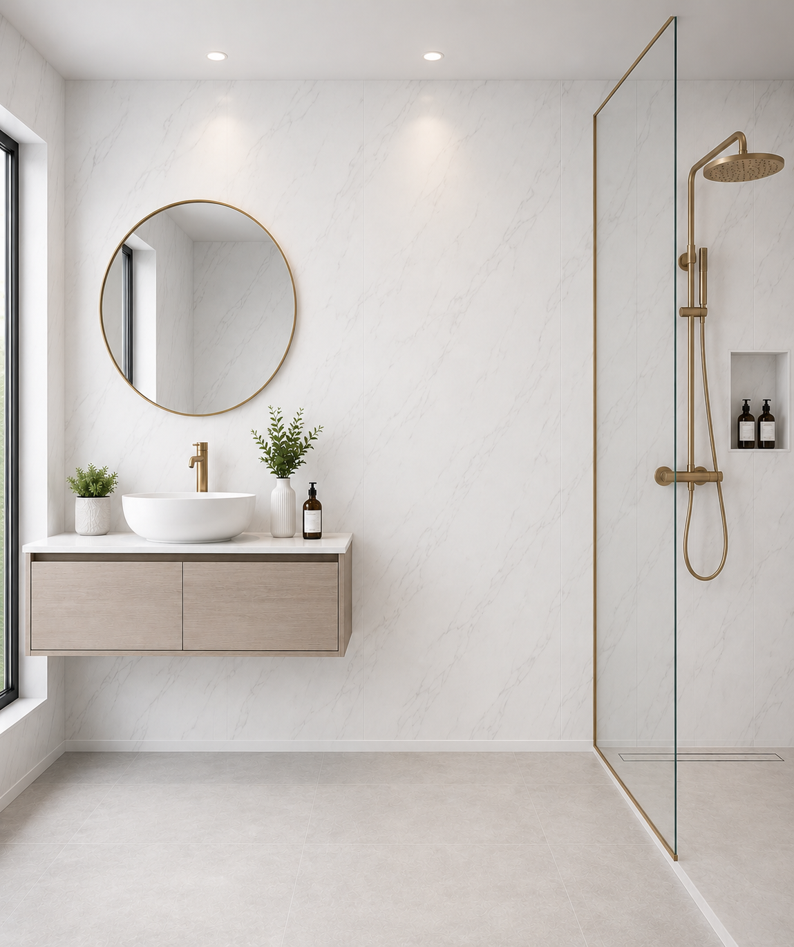 5mm White Marble Matt PVC wall panel in a bathroom