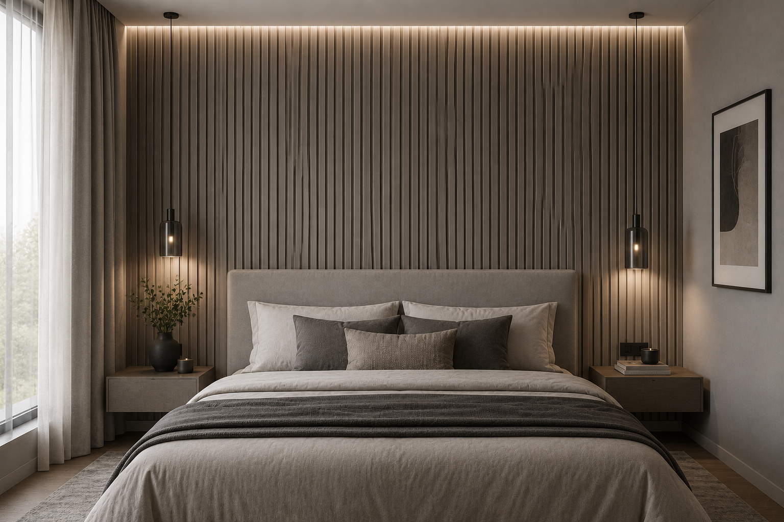 Grey Oak acoustic wall panel in a bedroom