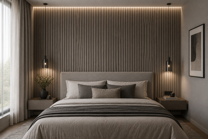 Grey Oak acoustic wall panel in a bedroom