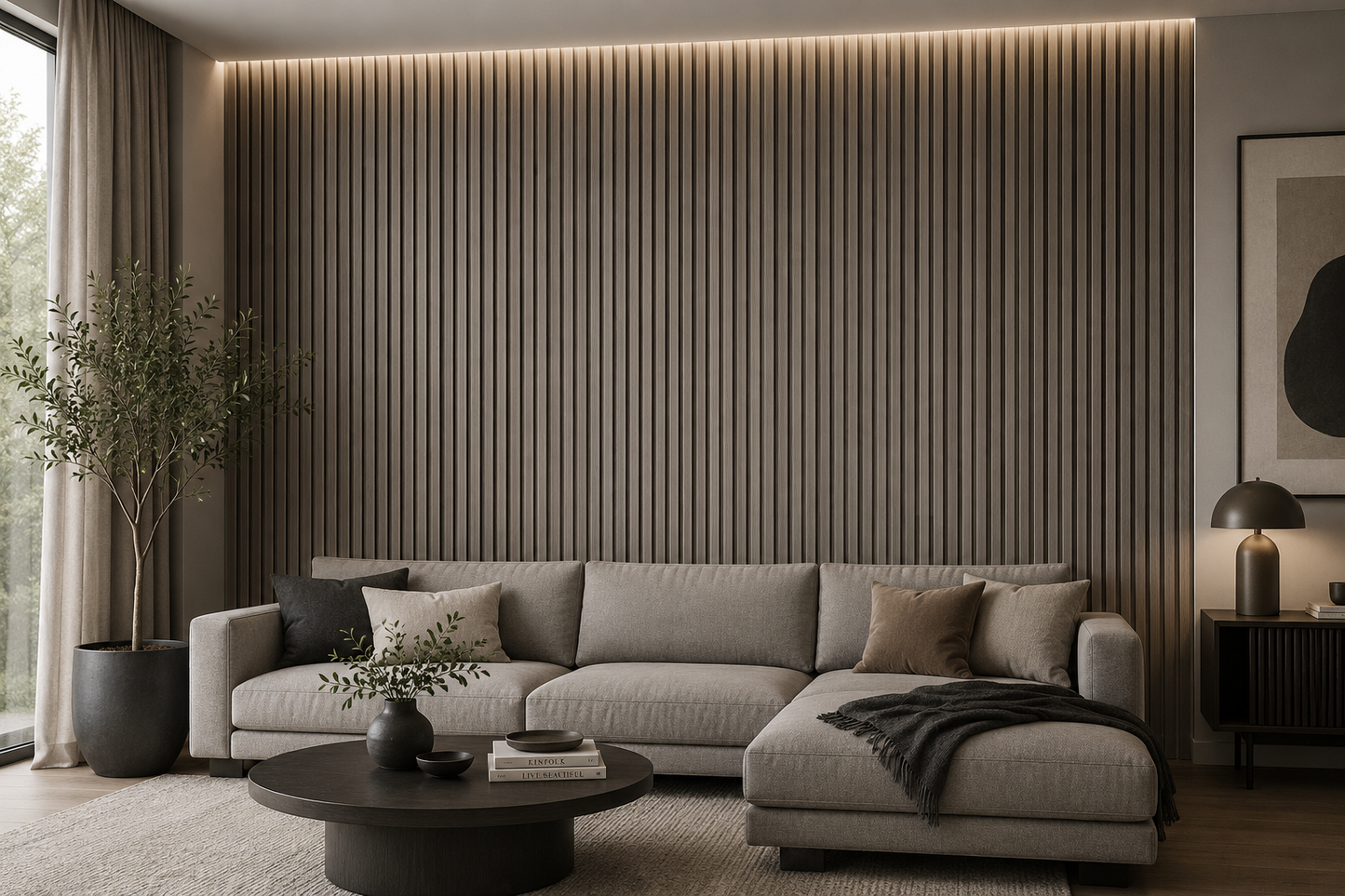 Grey Oak acoustic wall panel on a living room feature wall