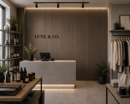Grey Oak acoustic wall panel in a retail interior