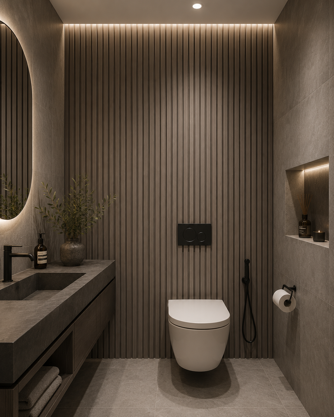 Grey Oak acoustic wall panel in a bathroom