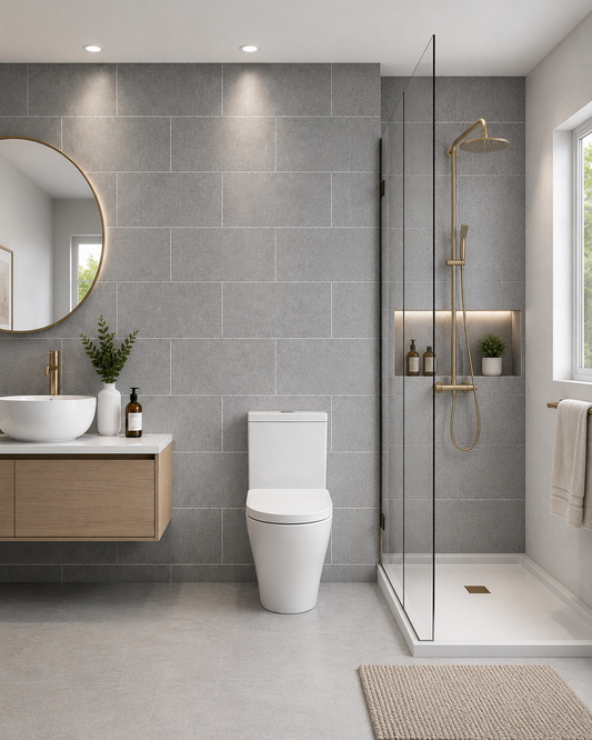 8mm Grey Concrete PVC wall panel in a shower