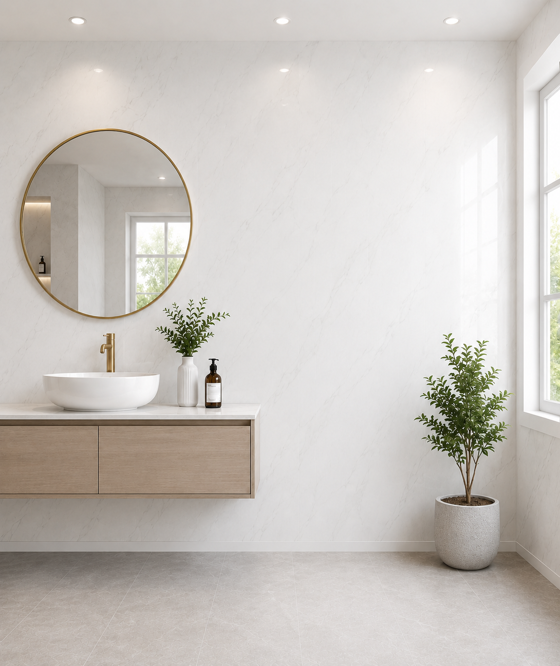 5mm White Marble Gloss PVC wall panel in a bathroom