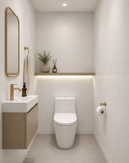5mm White Marble Gloss PVC wall panel in a bathroom toilet area