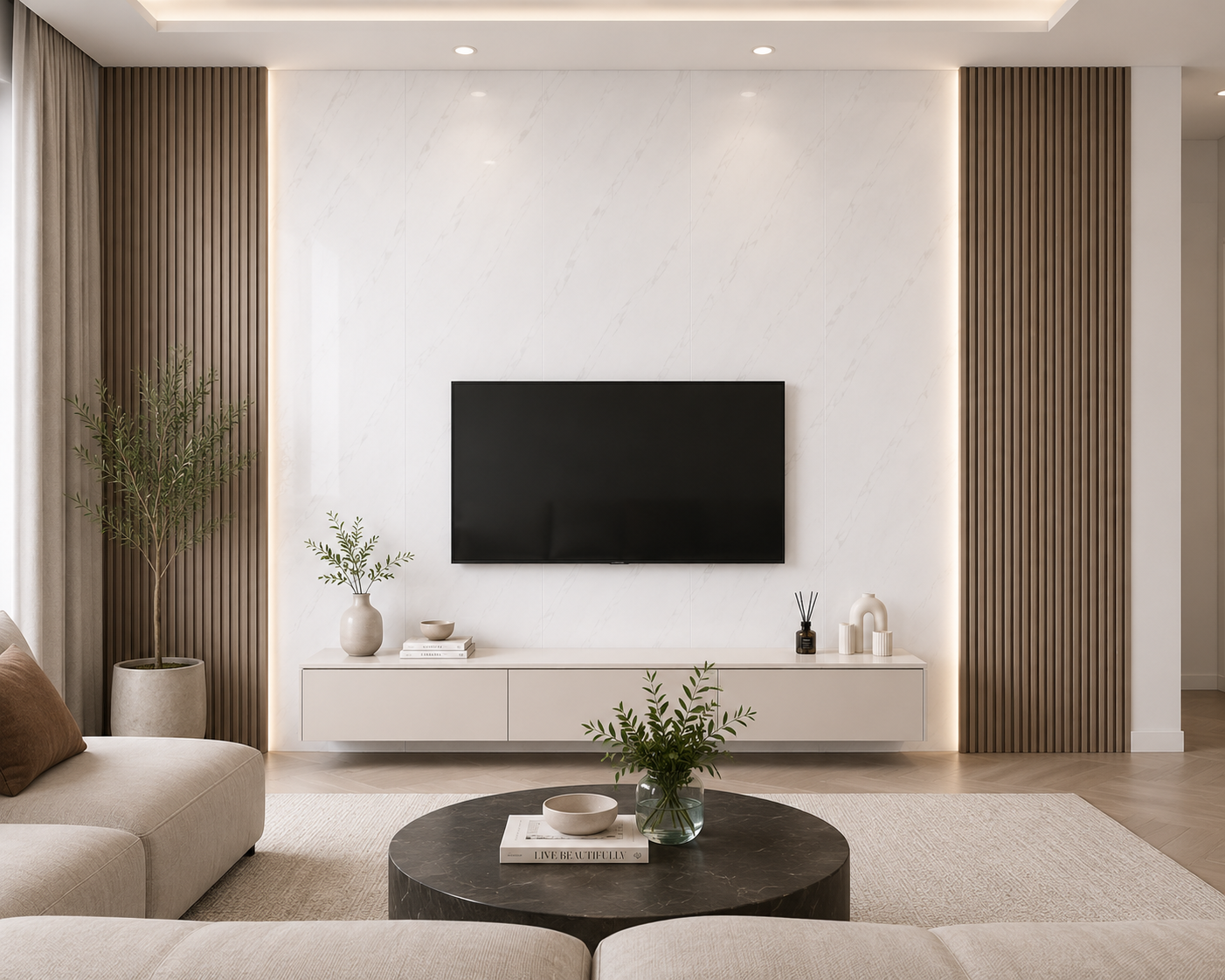 10mm White Marble Gloss PVC wall panel on a living room feature wall