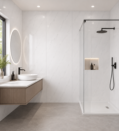 10mm White Marble Gloss PVC wall panel in a shower