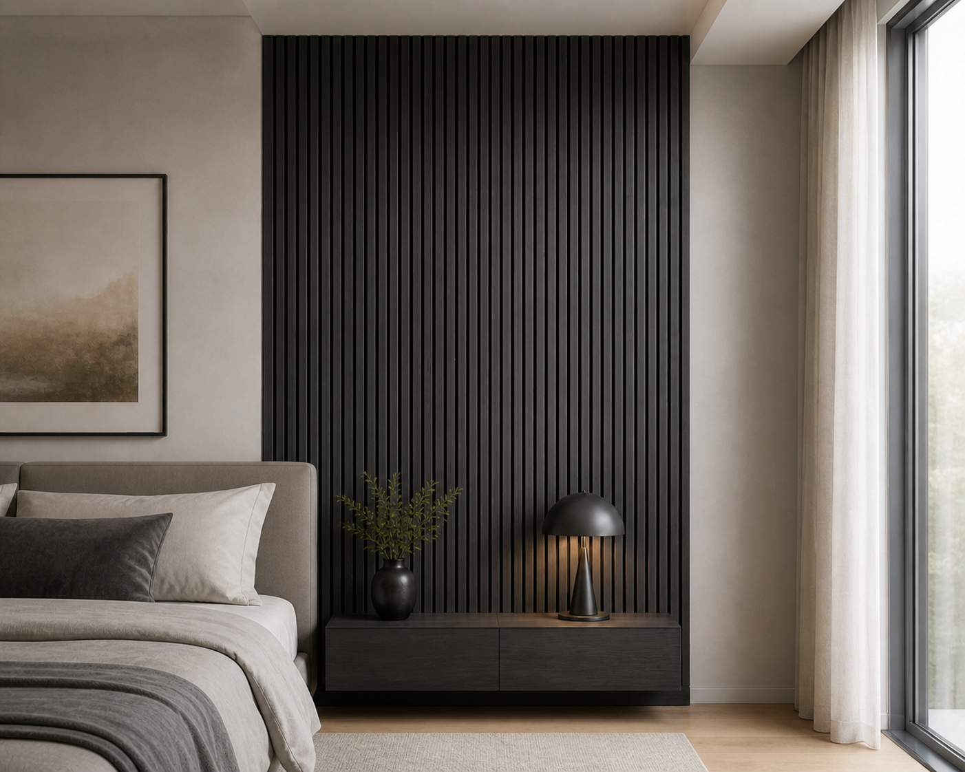 Black Oak acoustic wall panel in a bedroom