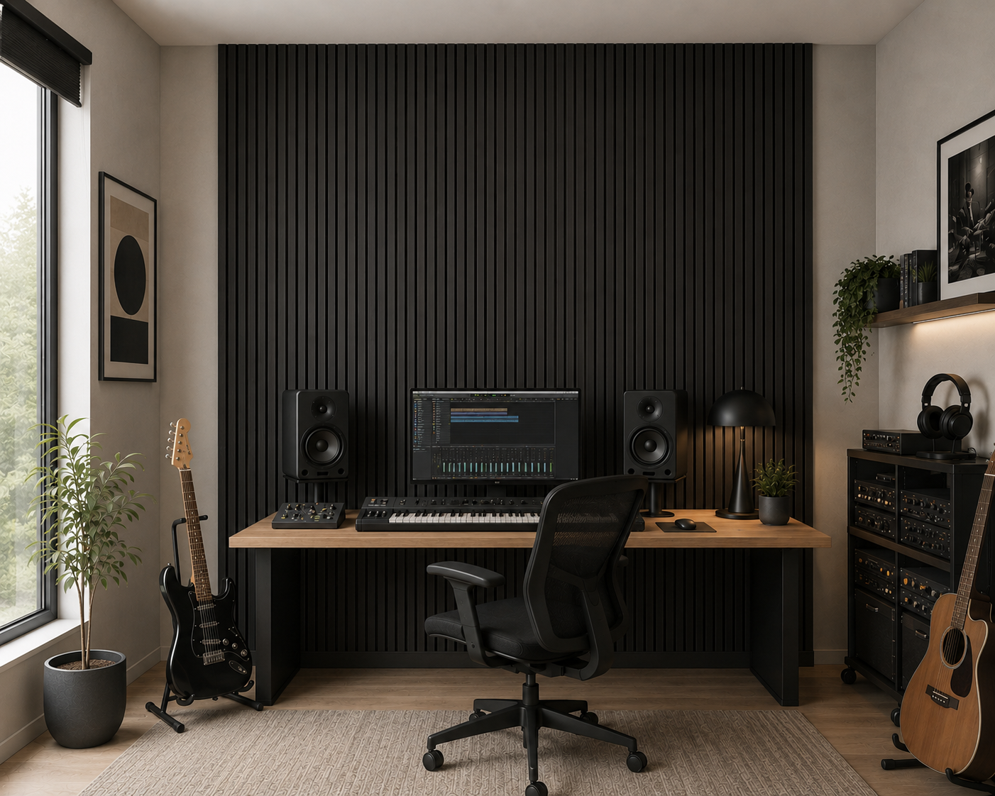 Black Oak acoustic wall panel in a home studio