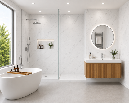 10mm Carrara marble matt PVC wall panel in a bathroom