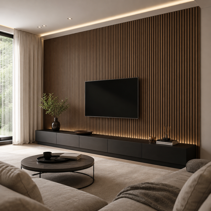 Smoked Oak Acoustic Wall Panel showing the warm mid-brown wood veneer slat face and black acoustic felt backing, 2400×600mm.